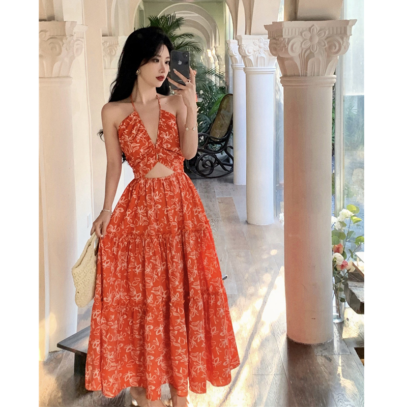 Bohemian Floral Backless Dress - Hollowed-Out Seaside Vacation Maxi Skirt for Summer Beach Days Bohemian Floral Backless Dress - Hollowed-Out Seaside Vacation Maxi Skirt for Summer Beach Days