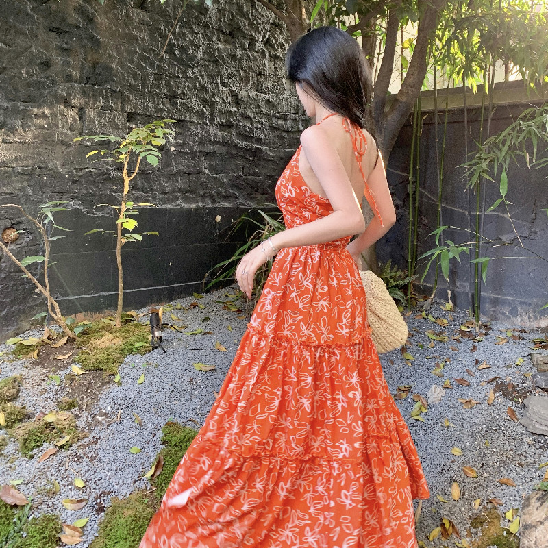 Bohemian Floral Backless Dress - Hollowed-Out Seaside Vacation Maxi Skirt for Summer Beach Days Bohemian Floral Backless Dress - Hollowed-Out Seaside Vacation Maxi Skirt for Summer Beach Days