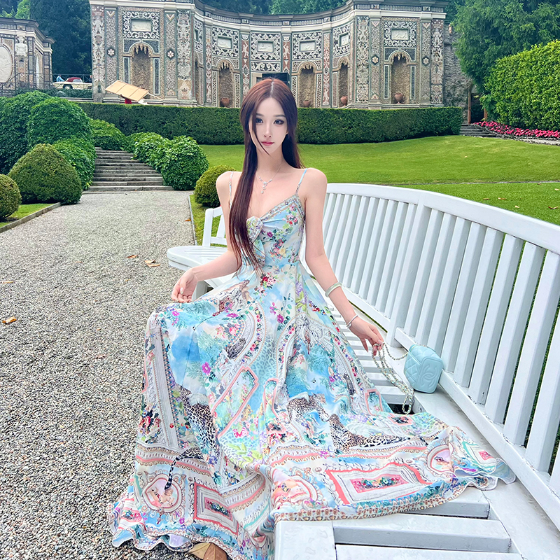 Bohemian Floral Print Long Maxi Dress - Women's Spaghetti Strap White Dress - Perfect for Summer and Y2K Style