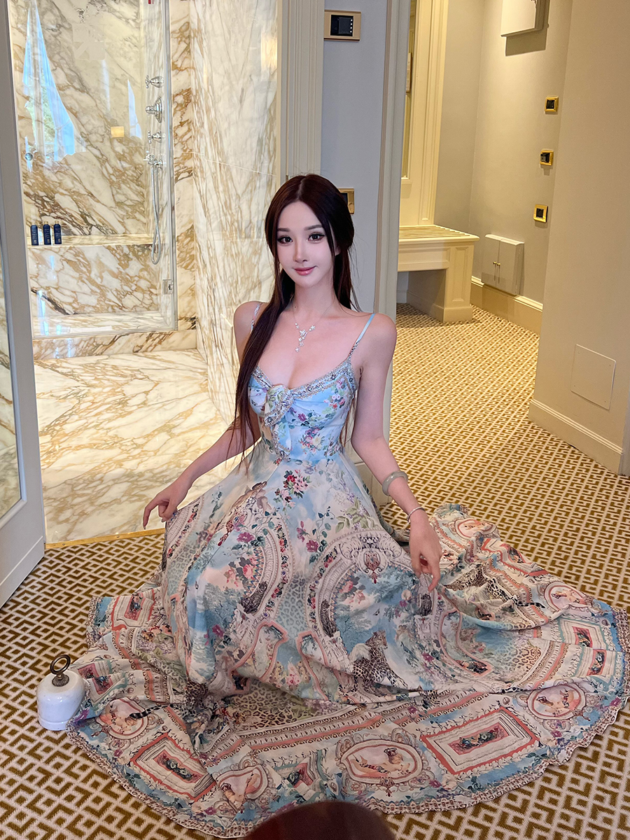 Bohemian Floral Print Long Maxi Dress - Women's Spaghetti Strap White Dress - Perfect for Summer and Y2K Style