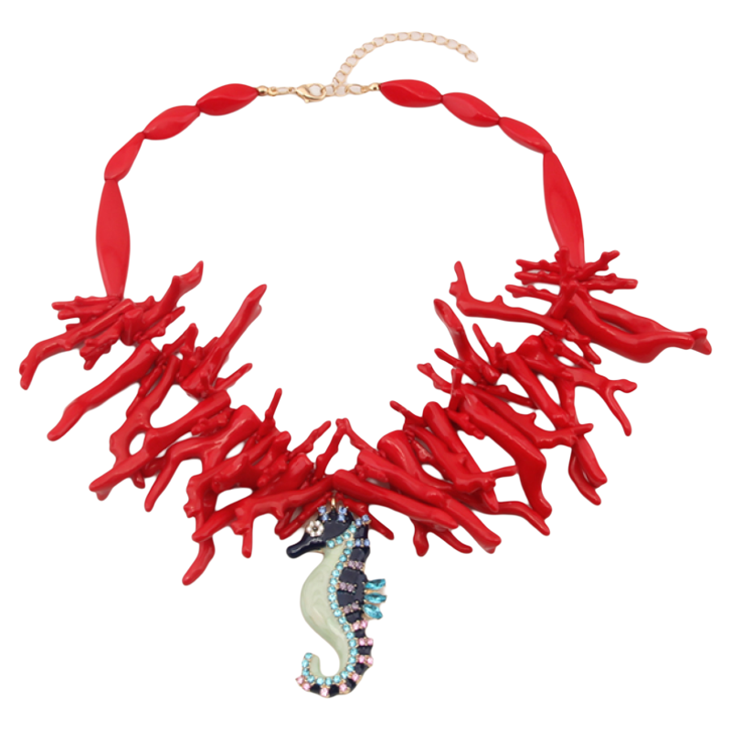 Bohemian Style Red Coral Necklace with Seahorse Pendant for Women - 2025 European and American Fashion Trend Bohemian Style Red Coral Necklace with Seahorse Pendant for Women - 2025 European and American Fashion Trend