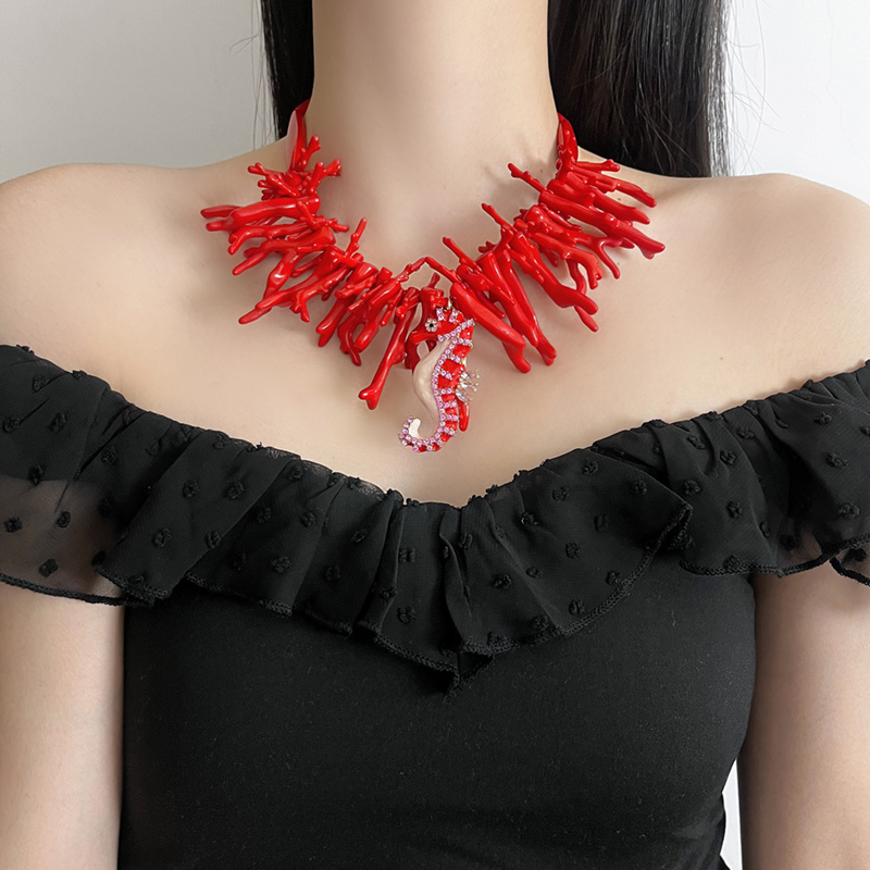 Bohemian Style Red Coral Necklace with Seahorse Pendant for Women - 2025 European and American Fashion Trend