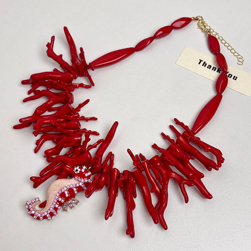 Bohemian Style Red Coral Necklace with Seahorse Pendant for Women - 2025 European and American Fashion Trend