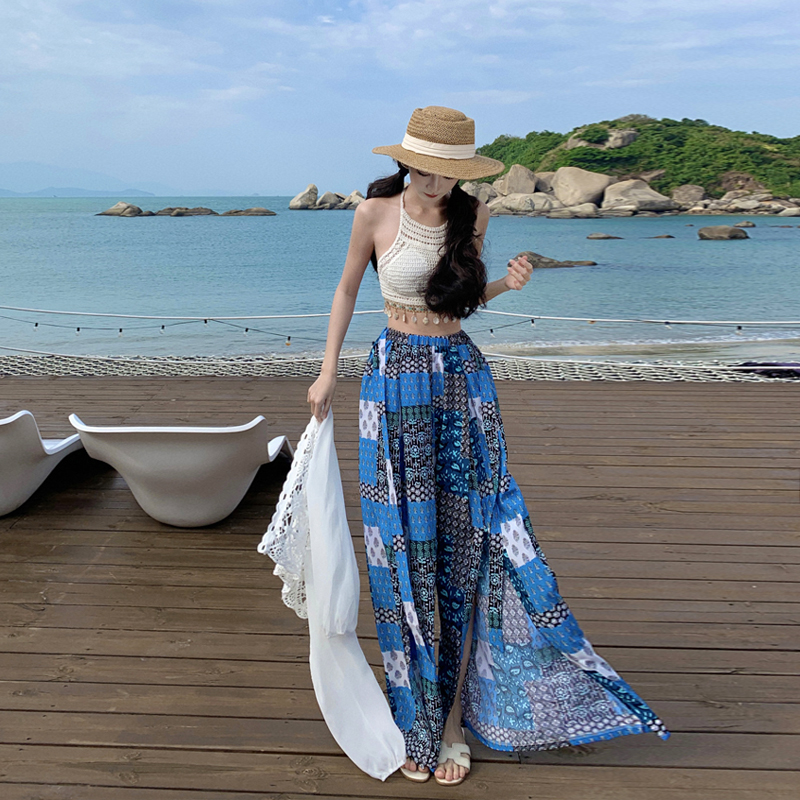 Bohemian Vintage Wide-Leg Pants Set for Women - Thai Seaside Beach Outfit for Summer Vacation, Perfect for 90s & Y2K Style Bohemian Vintage Wide-Leg Pants Set for Women - Thai Seaside Beach Outfit for Summer Vacation, Perfect for 90s & Y2K Style