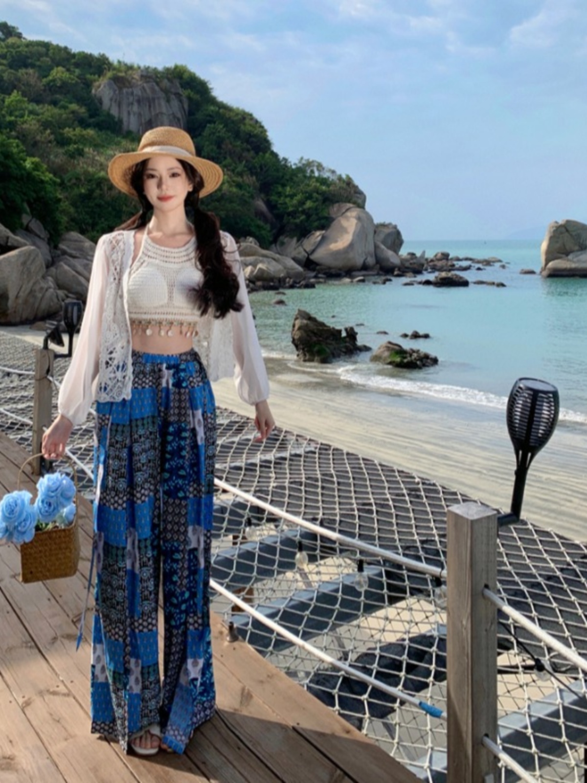 Bohemian Vintage Wide-Leg Pants Set for Women - Thai Seaside Beach Outfit for Summer Vacation, Perfect for 90s & Y2K Style Bohemian Vintage Wide-Leg Pants Set for Women - Thai Seaside Beach Outfit for Summer Vacation, Perfect for 90s & Y2K Style
