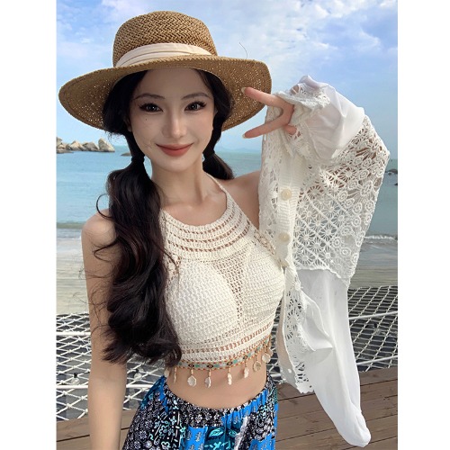 Bohemian Vintage Wide-Leg Pants Set for Women - Thai Seaside Beach Outfit for Summer Vacation, Perfect for 90s & Y2K Style