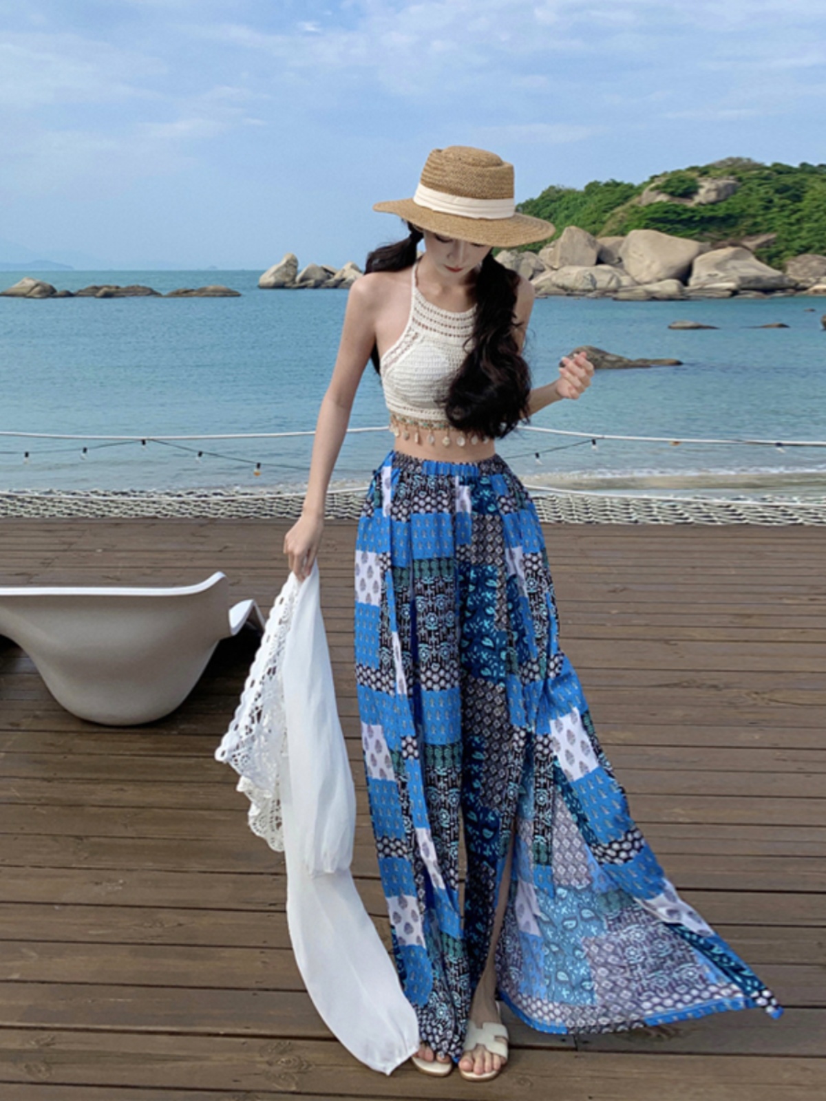 Bohemian Vintage Wide-Leg Pants Set for Women - Thai Seaside Beach Outfit for Summer Vacation, Perfect for 90s & Y2K Style