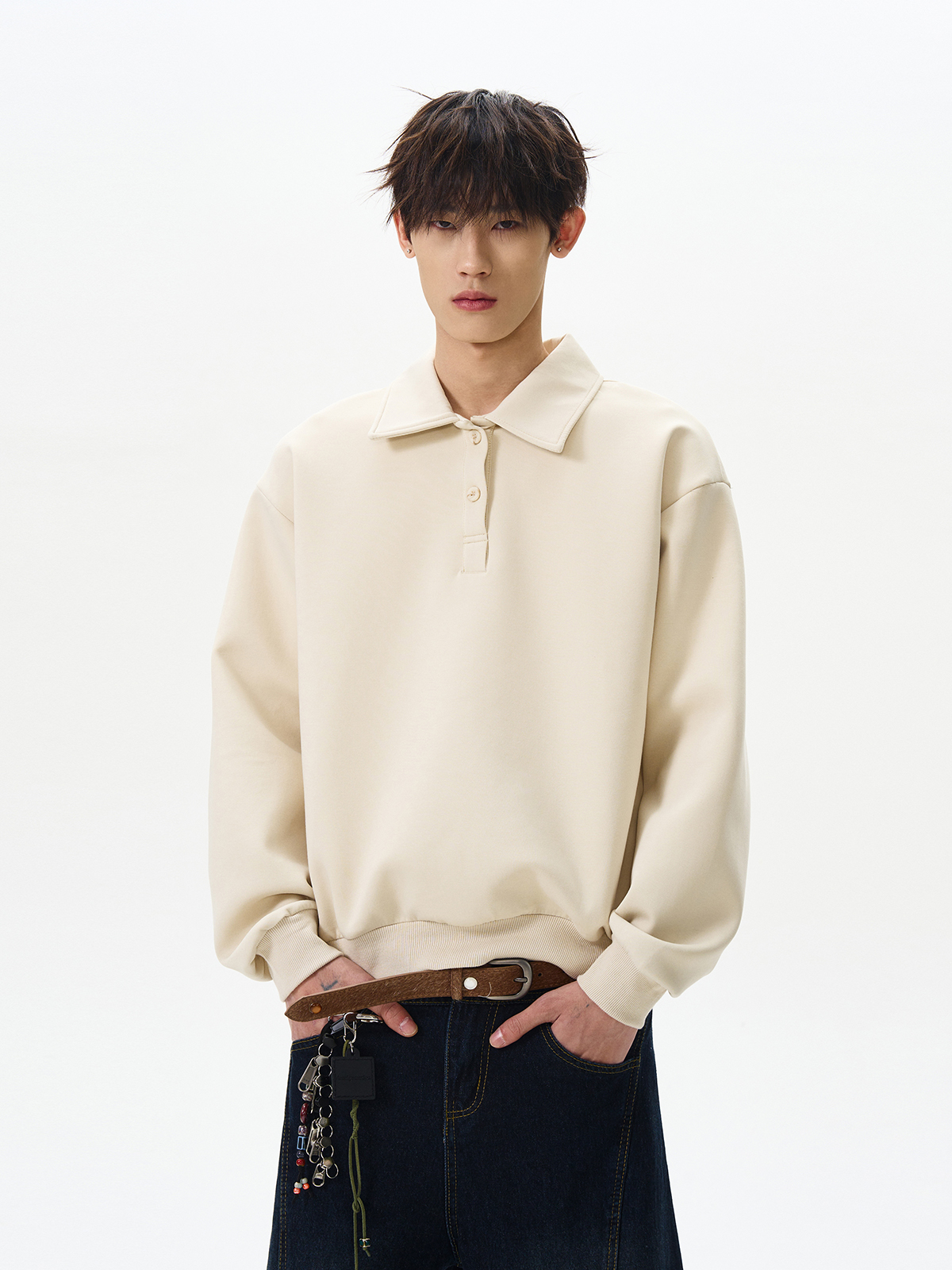 Boxy Cropped Polo Collar Sweatshirt in Space Cotton - Unisex American Street Style Trend for Men and Women Boxy Cropped Polo Collar Sweatshirt in Space Cotton - Unisex American Street Style Trend for Men and Women