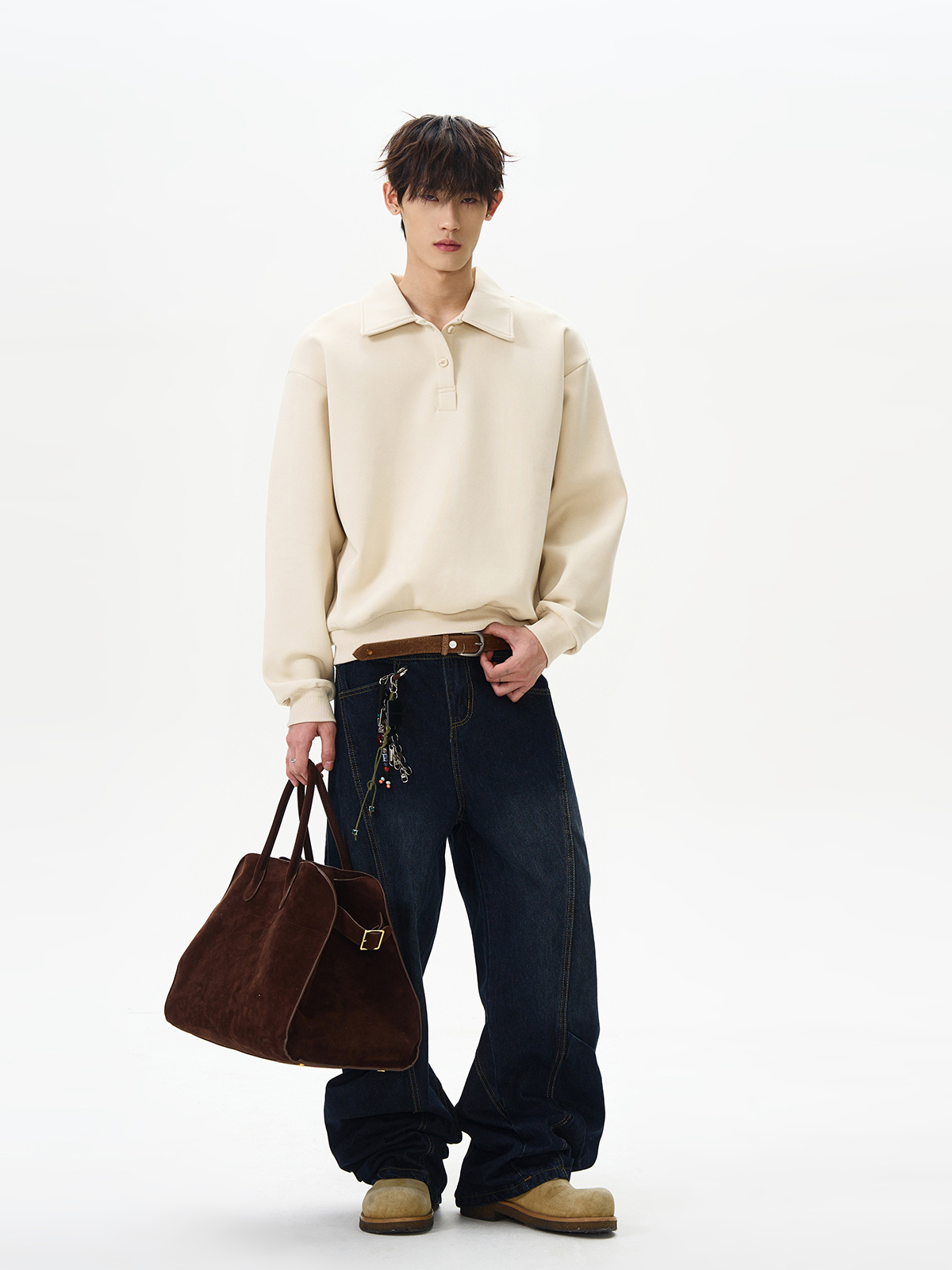 Boxy Cropped Polo Collar Sweatshirt in Space Cotton - Unisex American Street Style Trend for Men and Women Boxy Cropped Polo Collar Sweatshirt in Space Cotton - Unisex American Street Style Trend for Men and Women