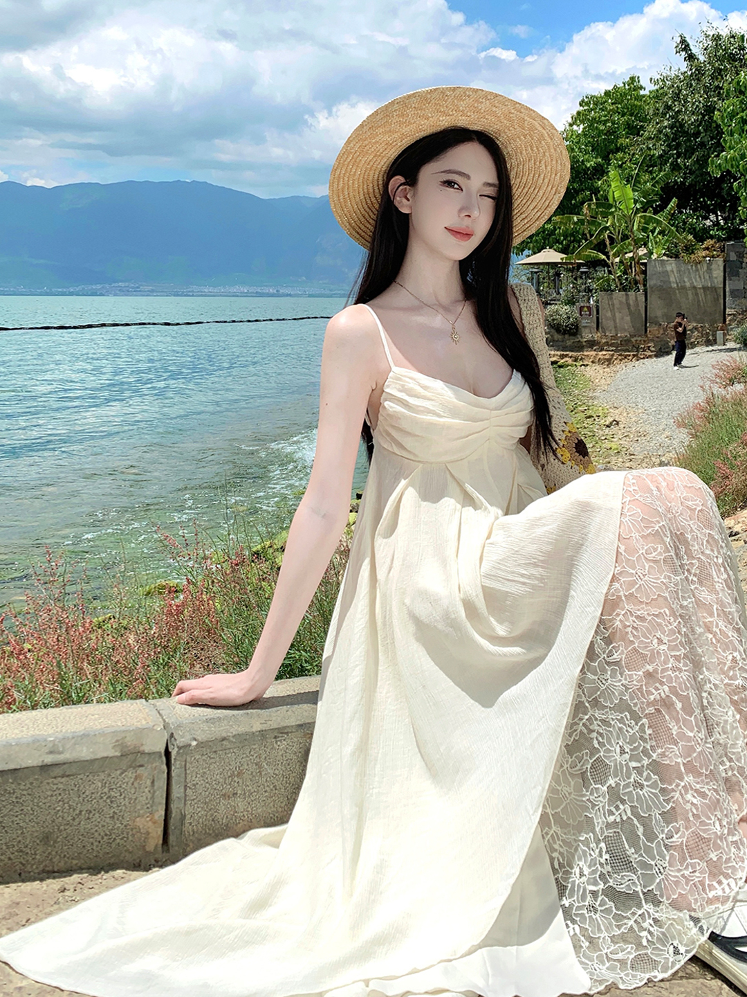 Bright Island Style Backless Dress with Irregular Lace Splicing and Spaghetti Straps, Perfect for Seaside Vacation Bright Island Style Backless Dress with Irregular Lace Splicing and Spaghetti Straps, Perfect for Seaside Vacation