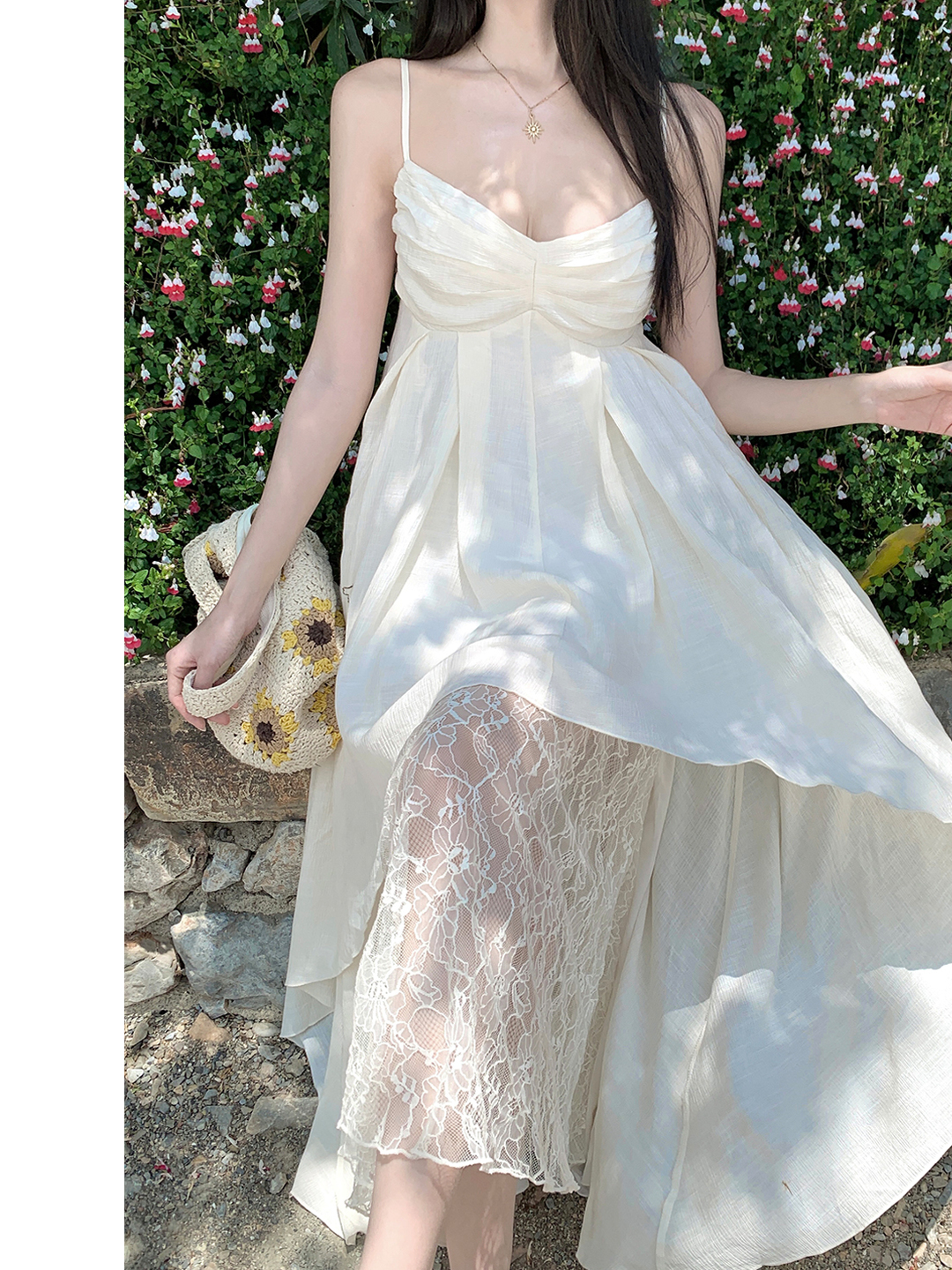 Bright Island Style Backless Dress with Irregular Lace Splicing and Spaghetti Straps, Perfect for Seaside Vacation Bright Island Style Backless Dress with Irregular Lace Splicing and Spaghetti Straps, Perfect for Seaside Vacation