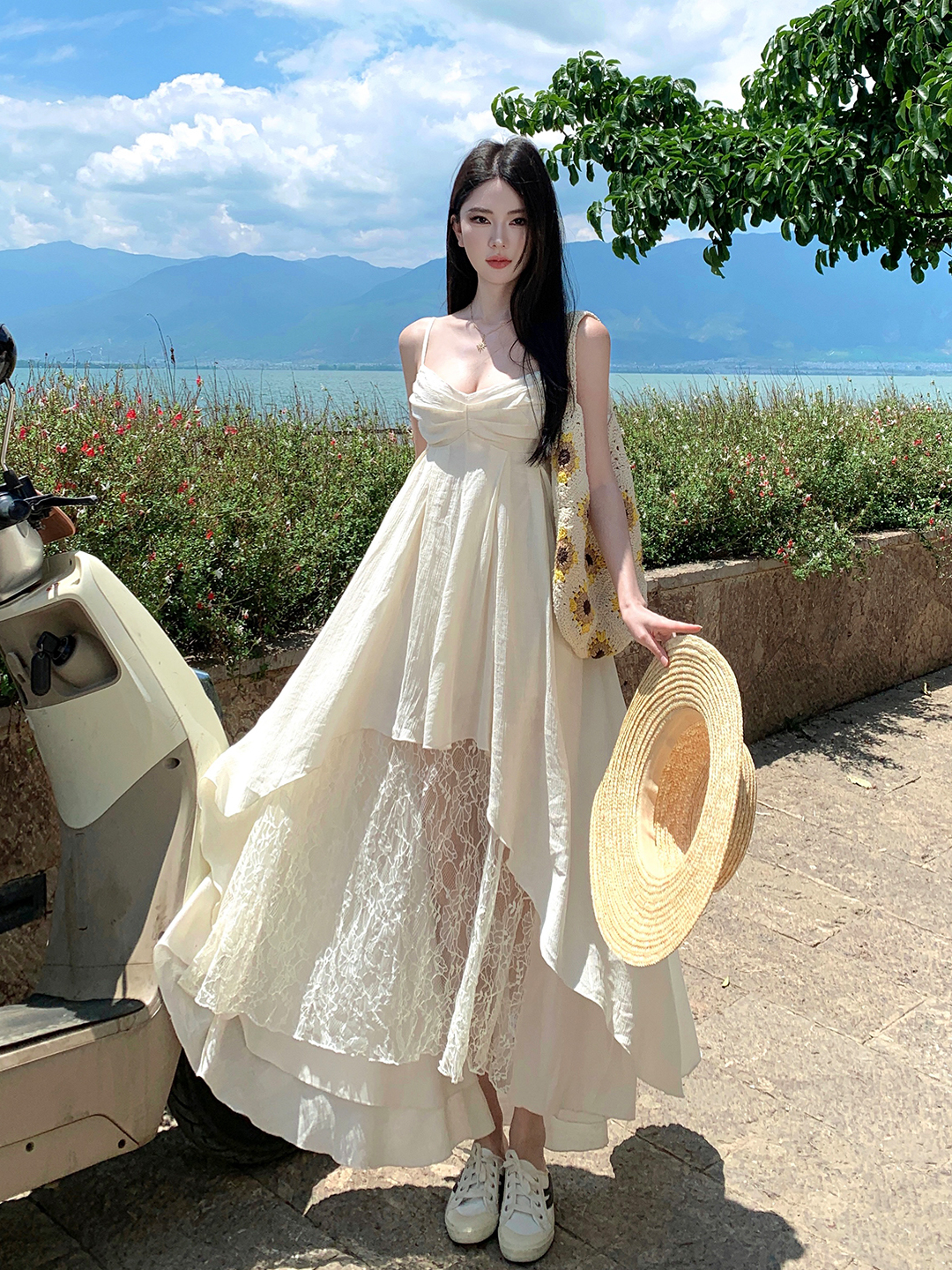 Bright Island Style Backless Dress with Irregular Lace Splicing and Spaghetti Straps, Perfect for Seaside Vacation Bright Island Style Backless Dress with Irregular Lace Splicing and Spaghetti Straps, Perfect for Seaside Vacation