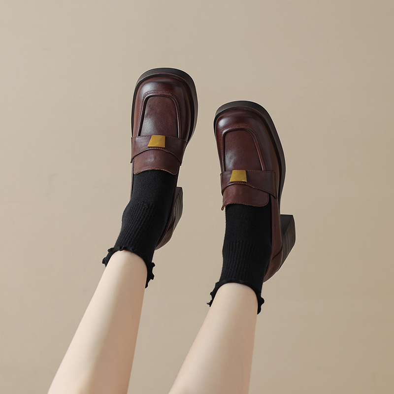 British Style Chunky High Heel Loafers for Women - Thick-Soled Square Toe Leather Shoes with Metal Buckle and Deep Mouth Design British Style Chunky High Heel Loafers for Women - Thick-Soled Square Toe Leather Shoes with Metal Buckle and Deep Mouth Design