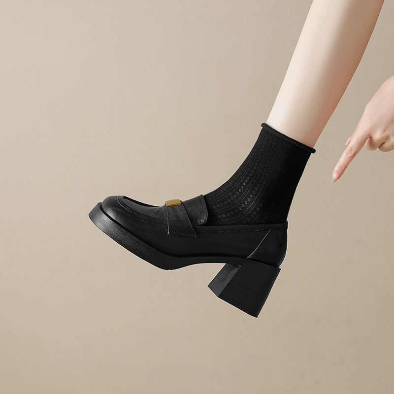 British Style Chunky High Heel Loafers for Women - Thick-Soled Square Toe Leather Shoes with Metal Buckle and Deep Mouth Design British Style Chunky High Heel Loafers for Women - Thick-Soled Square Toe Leather Shoes with Metal Buckle and Deep Mouth Design