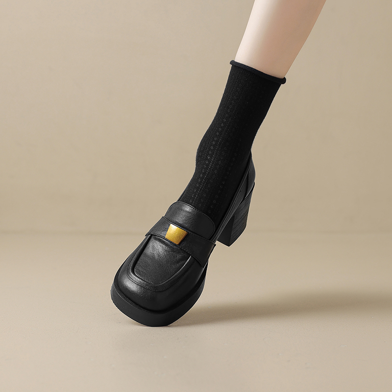 British Style Chunky High Heel Loafers for Women - Thick-Soled Square Toe Leather Shoes with Metal Buckle and Deep Mouth Design British Style Chunky High Heel Loafers for Women - Thick-Soled Square Toe Leather Shoes with Metal Buckle and Deep Mouth Design
