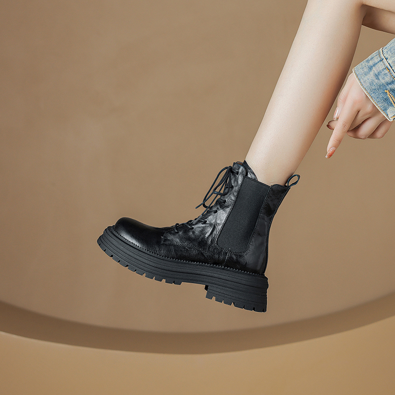 British Style Lace-Up Brown Martin Boots for Women - Mid-Heel Genuine Leather Motorcycle Short Boots British Style Lace-Up Brown Martin Boots for Women - Mid-Heel Genuine Leather Motorcycle Short Boots