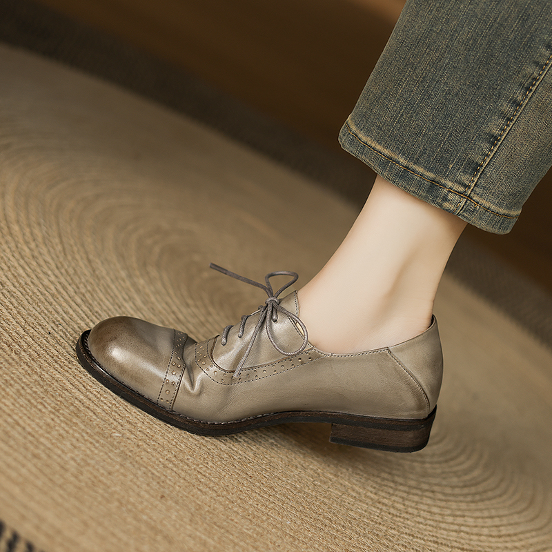 British Style Round Toe Leather Chunky Heel Lace-Up Loafers for Women - Soft Genuine Leather College JK Style Footwear British Style Round Toe Leather Chunky Heel Lace-Up Loafers for Women - Soft Genuine Leather College JK Style Footwear