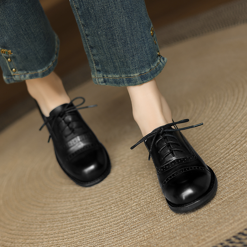 British Style Round Toe Leather Chunky Heel Lace-Up Loafers for Women - Soft Genuine Leather College JK Style Footwear