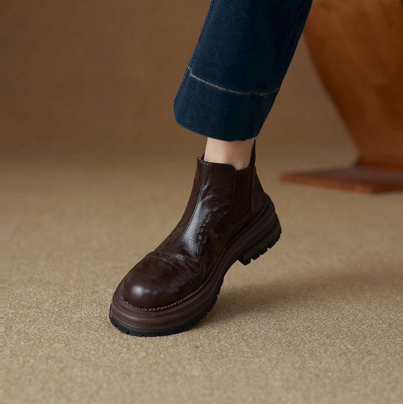 British Style Round Toe Thick-Soled Genuine Leather Elastic Ankle Chelsea Boots for Women - Versatile Comfort Footwear British Style Round Toe Thick-Soled Genuine Leather Elastic Ankle Chelsea Boots for Women - Versatile Comfort Footwear