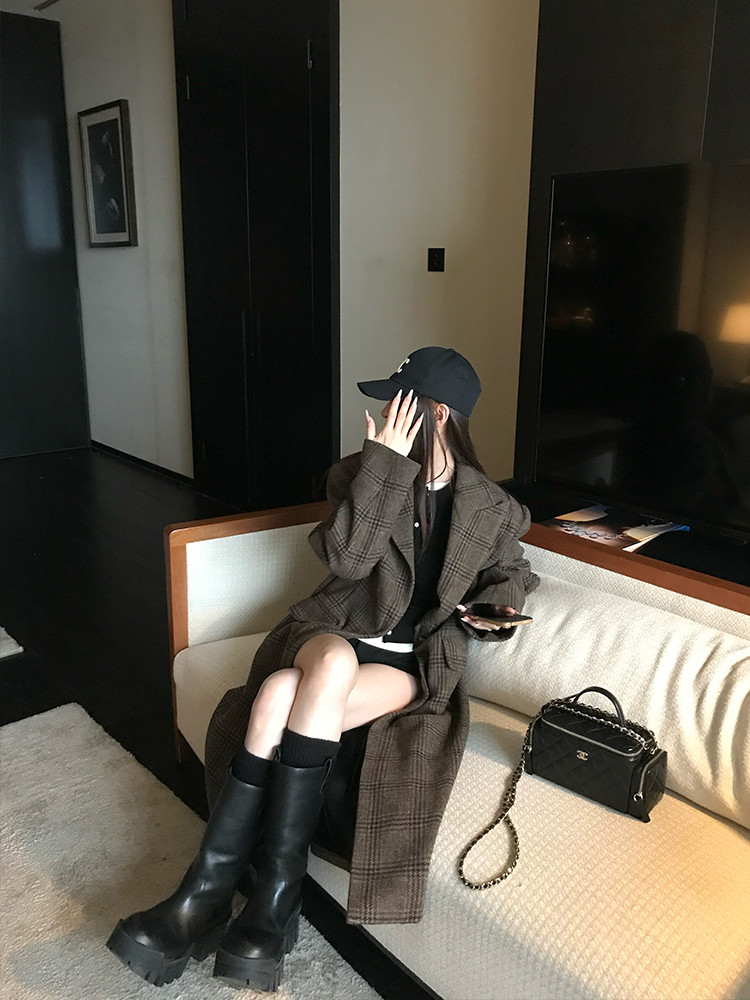 Brown Check Wool Coat for Women - Long Woolen Overcoat, Perfect for Spring & Winter, Classic Style, Timeless Fashion Brown Check Wool Coat for Women - Long Woolen Overcoat, Perfect for Spring & Winter, Classic Style, Timeless Fashion