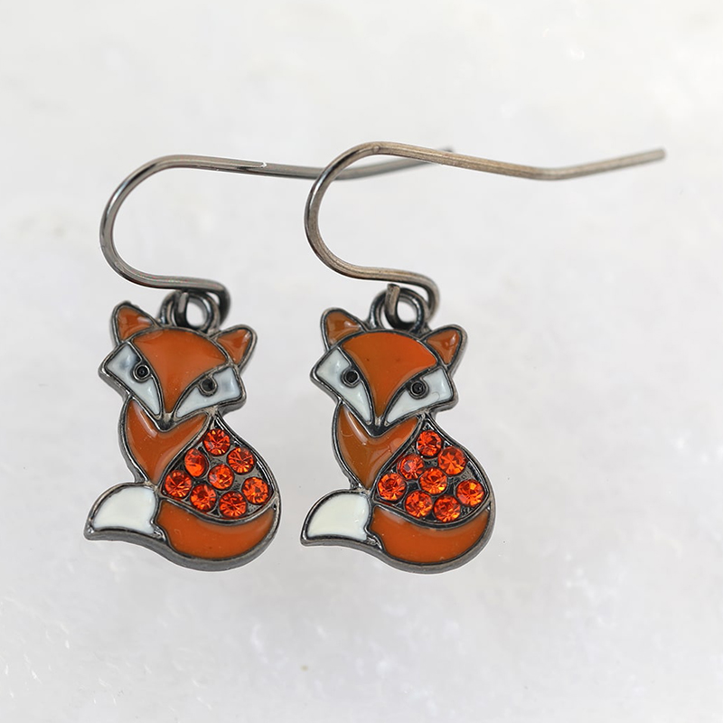 Brown Fox Ear Drop Earrings with Enamel and Sparkling Diamonds - Exquisite Animal Jewelry, Fashionable Accessories for a Chic Look