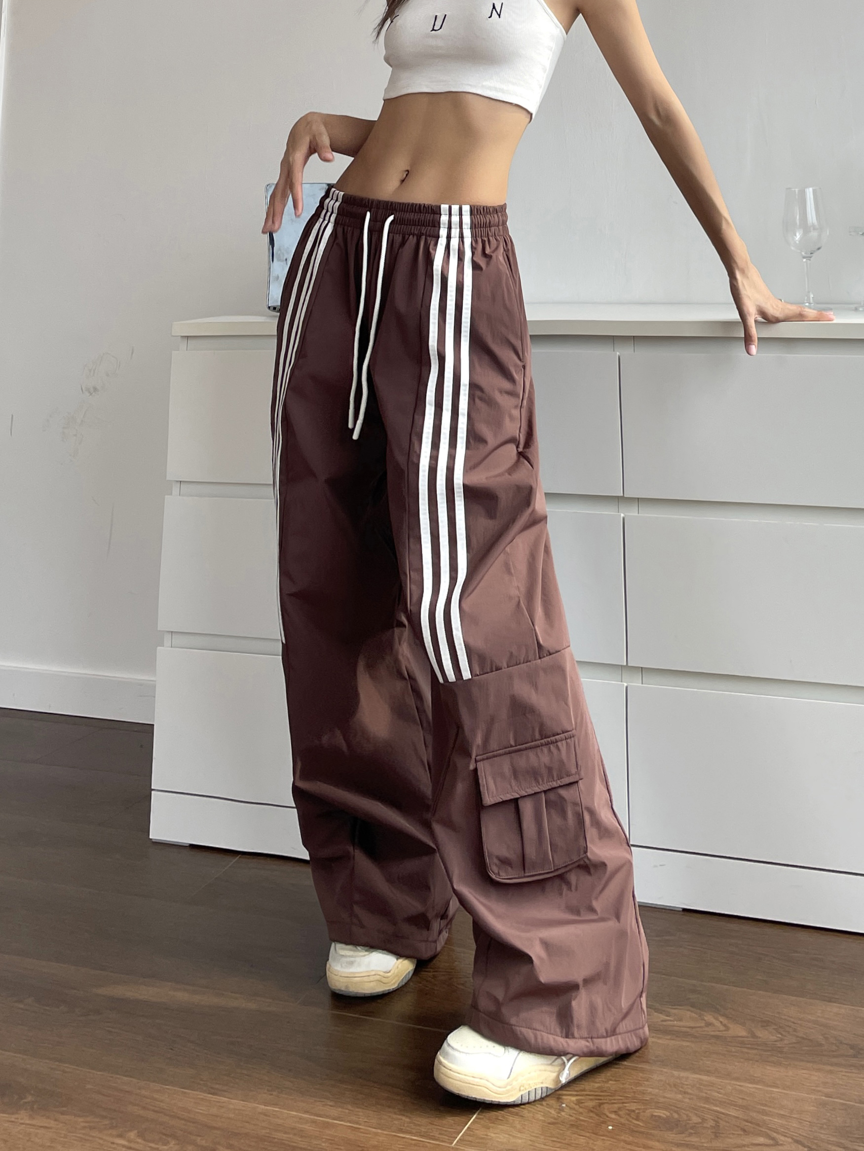 Brown Wide-Leg Casual Pants for Women - Retro Hip-Hop Street Dance Style, Loose Fit, Drawstring Detail, Floor-Length, American-Style