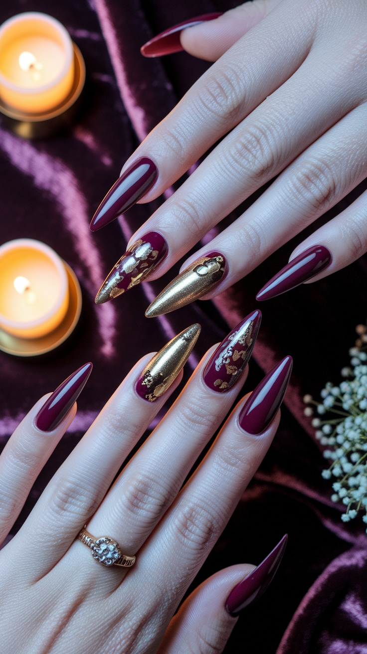 burgundy and gold nail designs