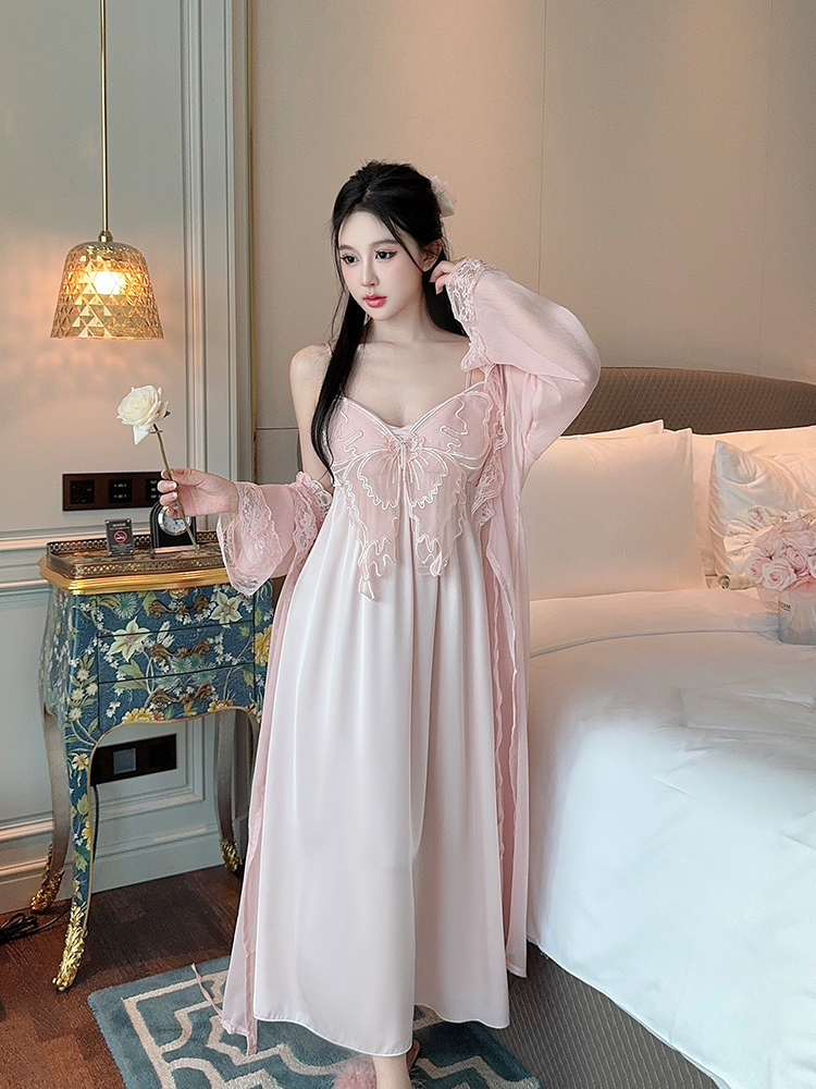 Butterfly Ice Silk Nightgown for Women, Sexy Long Dress with Spaghetti Straps, Spring Autumn Sleepwear, 2025 New Style Pajama Set Butterfly Ice Silk Nightgown for Women, Sexy Long Dress with Spaghetti Straps, Spring Autumn Sleepwear, 2025 New Style Pajama Set