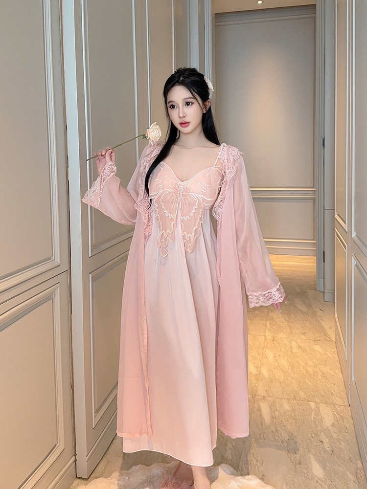 Butterfly Ice Silk Nightgown for Women, Sexy Long Dress with Spaghetti Straps, Spring Autumn Sleepwear, 2025 New Style Pajama Set Butterfly Ice Silk Nightgown for Women, Sexy Long Dress with Spaghetti Straps, Spring Autumn Sleepwear, 2025 New Style Pajama Set
