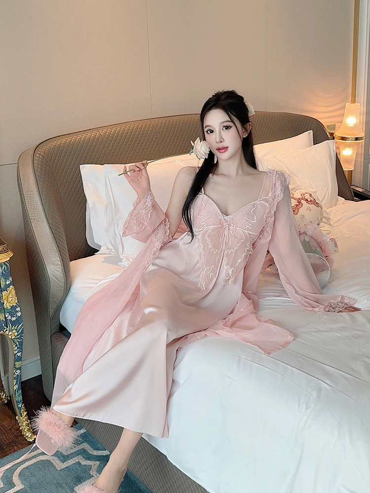 Butterfly Ice Silk Nightgown for Women, Sexy Long Dress with Spaghetti Straps, Spring Autumn Sleepwear, 2025 New Style Pajama Set Butterfly Ice Silk Nightgown for Women, Sexy Long Dress with Spaghetti Straps, Spring Autumn Sleepwear, 2025 New Style Pajama Set