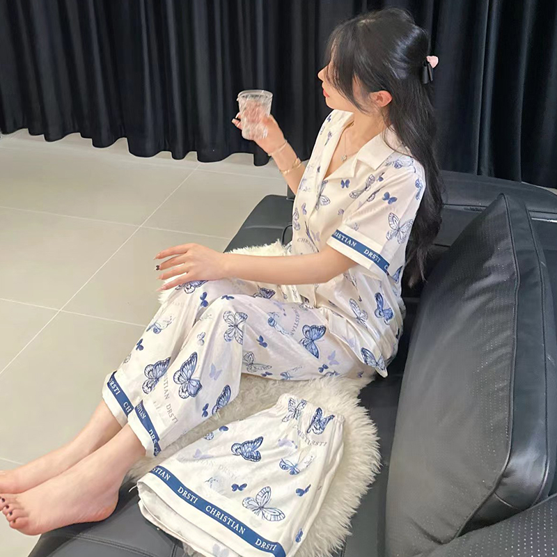 Butterfly Ice Silk Pajamas Set for Women - Summer Thin Short Sleeve & Long Pants - 3-Piece Homewear Sleepwear