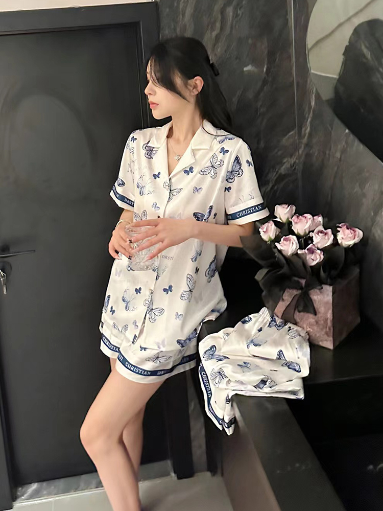 Butterfly Ice Silk Pajamas Set for Women - Summer Thin Short Sleeve & Long Pants - 3-Piece Homewear Sleepwear Butterfly Ice Silk Pajamas Set for Women - Summer Thin Short Sleeve & Long Pants - 3-Piece Homewear Sleepwear