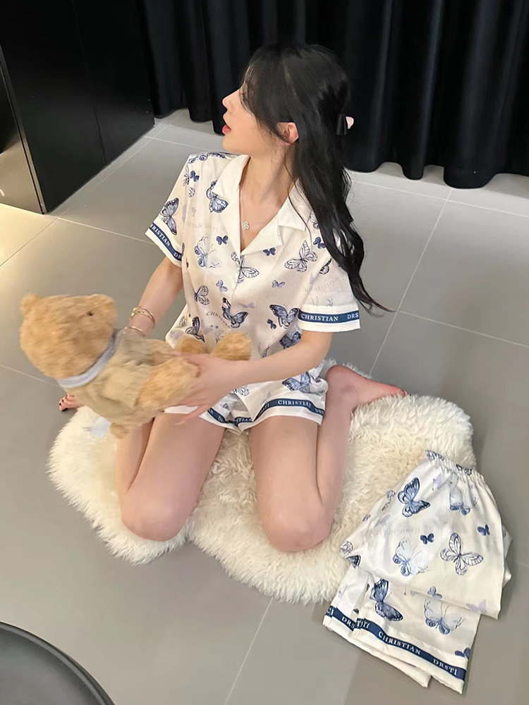 Butterfly Ice Silk Pajamas Set for Women - Summer Thin Short Sleeve & Long Pants - 3-Piece Homewear Sleepwear Butterfly Ice Silk Pajamas Set for Women - Summer Thin Short Sleeve & Long Pants - 3-Piece Homewear Sleepwear