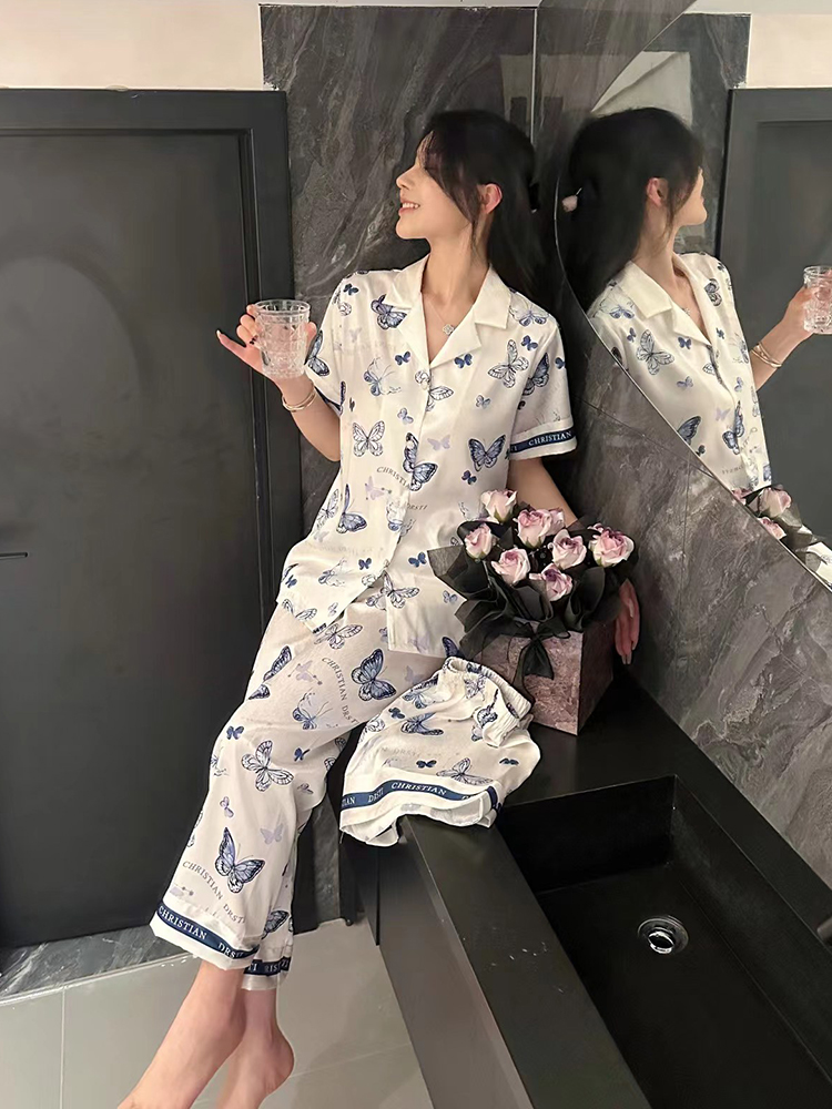 Butterfly Ice Silk Pajamas Set for Women - Summer Thin Short Sleeve & Long Pants - 3-Piece Homewear Sleepwear Butterfly Ice Silk Pajamas Set for Women - Summer Thin Short Sleeve & Long Pants - 3-Piece Homewear Sleepwear