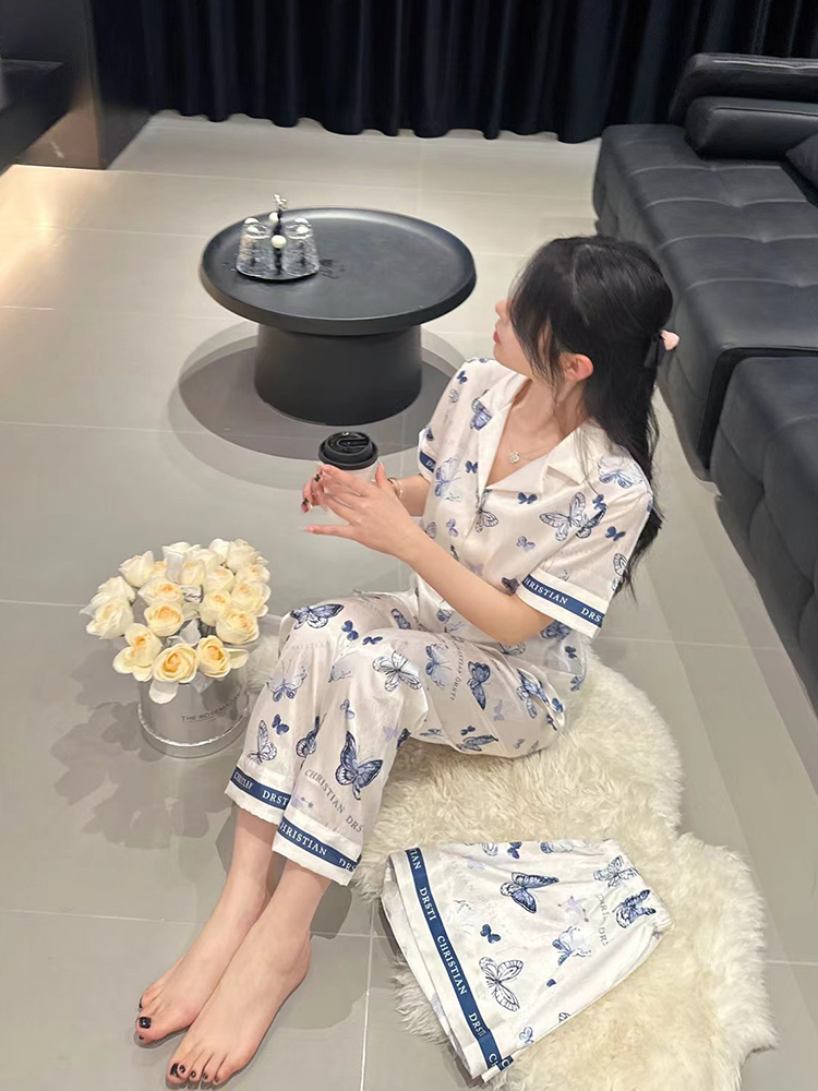 Butterfly Ice Silk Pajamas Set for Women - Summer Thin Short Sleeve & Long Pants - 3-Piece Homewear Sleepwear Butterfly Ice Silk Pajamas Set for Women - Summer Thin Short Sleeve & Long Pants - 3-Piece Homewear Sleepwear