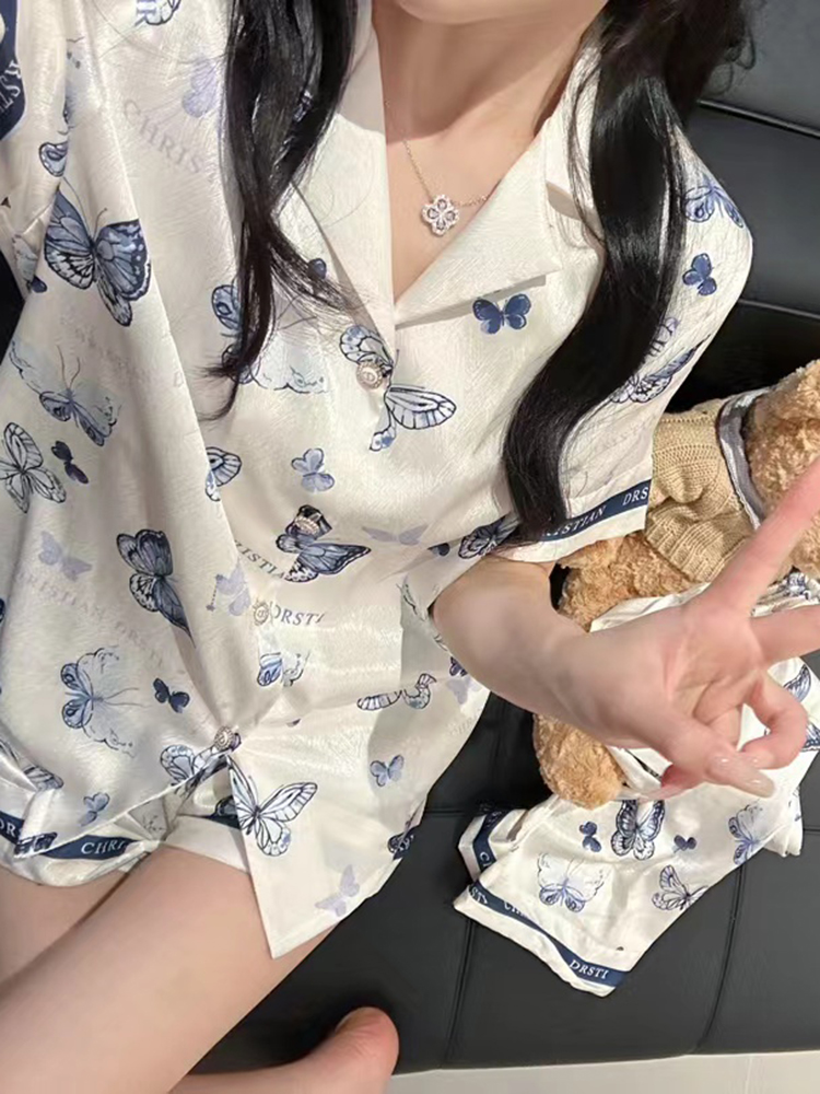 Butterfly Ice Silk Pajamas Set for Women - Summer Thin Short Sleeve & Long Pants - 3-Piece Homewear Sleepwear Butterfly Ice Silk Pajamas Set for Women - Summer Thin Short Sleeve & Long Pants - 3-Piece Homewear Sleepwear