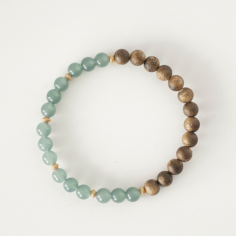 Calming Sleep Bracelet for Women - Emotional Stability Agarwood & Blue Water Jade Buddha Beads - Half Mountain Half Water Design