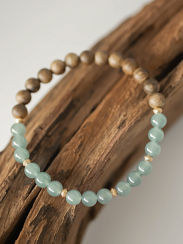 Calming Sleep Bracelet for Women - Emotional Stability Agarwood & Blue Water Jade Buddha Beads - Half Mountain Half Water Design