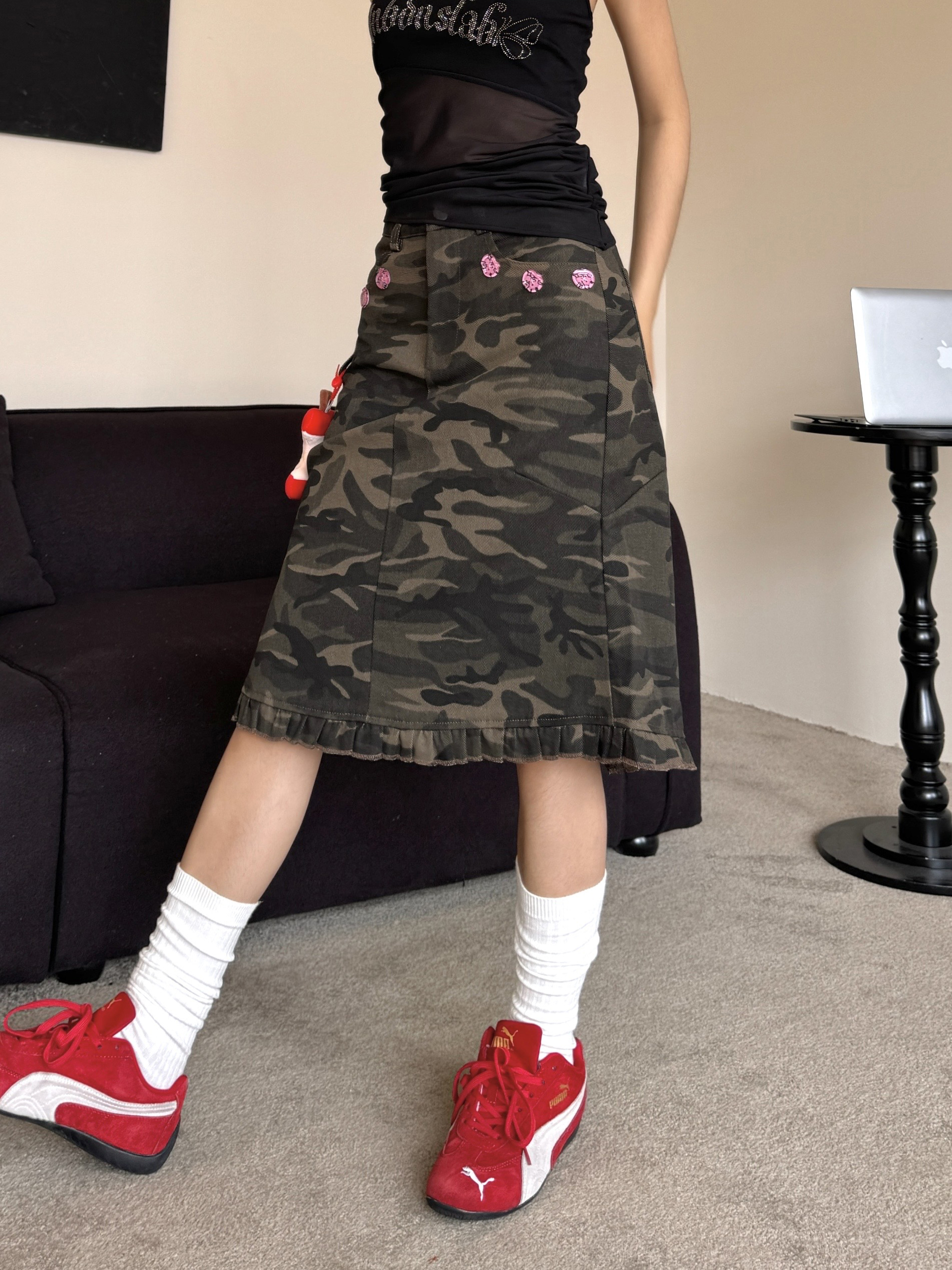 Camouflage Print Pleated Slit Mermaid Skirt - Spicy Summer American Retro Slim A-Line Style for Hot Girl Vibes Camouflage Print Pleated Slit Mermaid Skirt - Spicy Summer American Retro Slim A-Line Style for Hot Girl Vibes