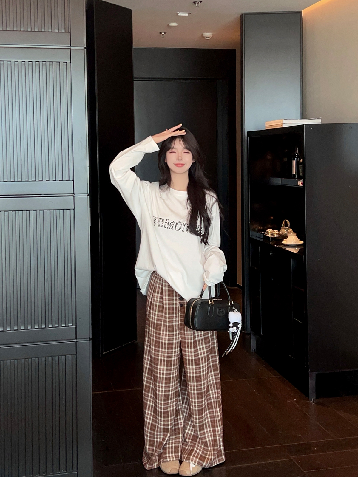 Caramel Plaid High Waist Wide Leg Pants for Women - Loose Straight Fit Casual Trousers for Autumn Winter Fashion