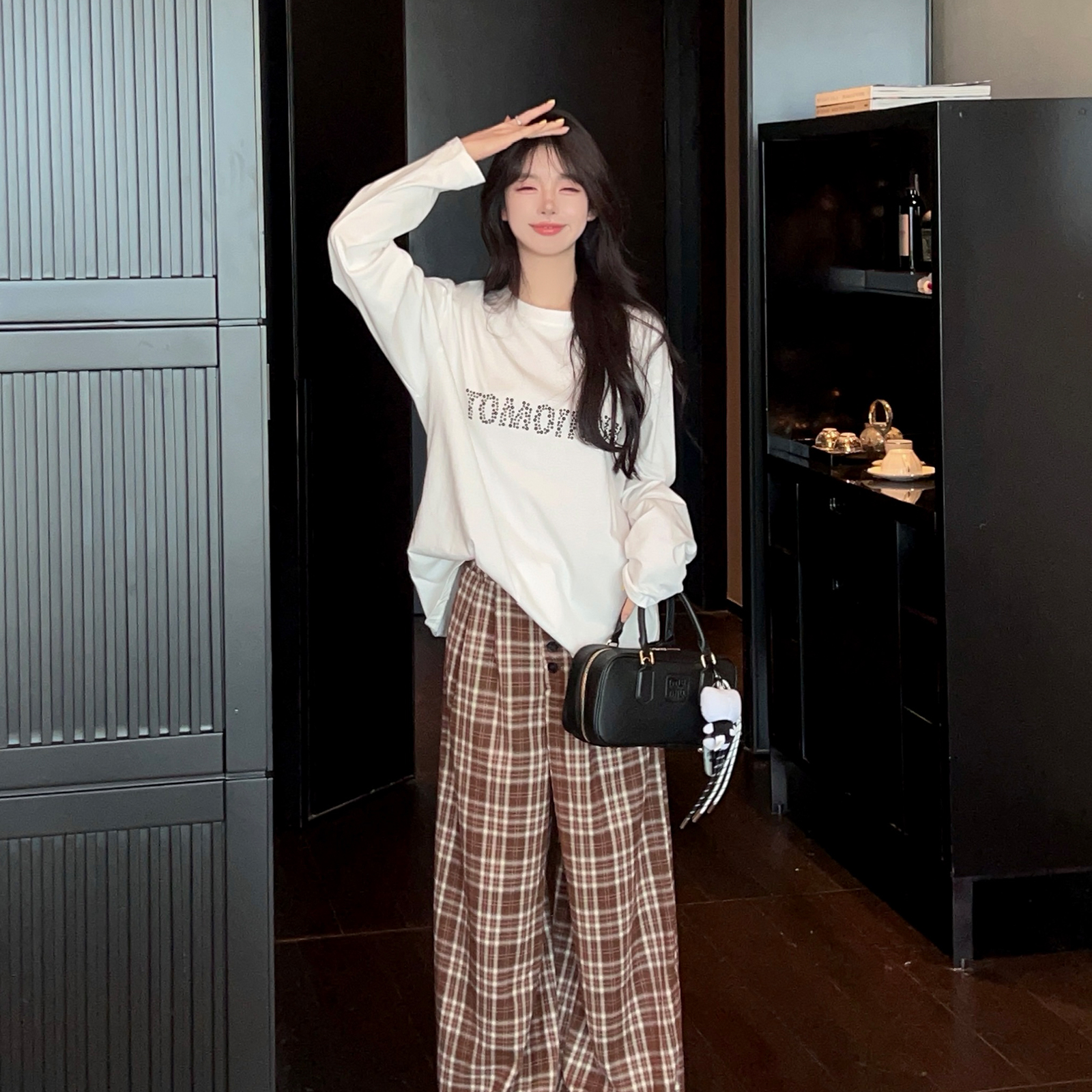 Caramel Plaid High Waist Wide Leg Pants for Women - Loose Straight Fit Casual Trousers for Autumn Winter Fashion
