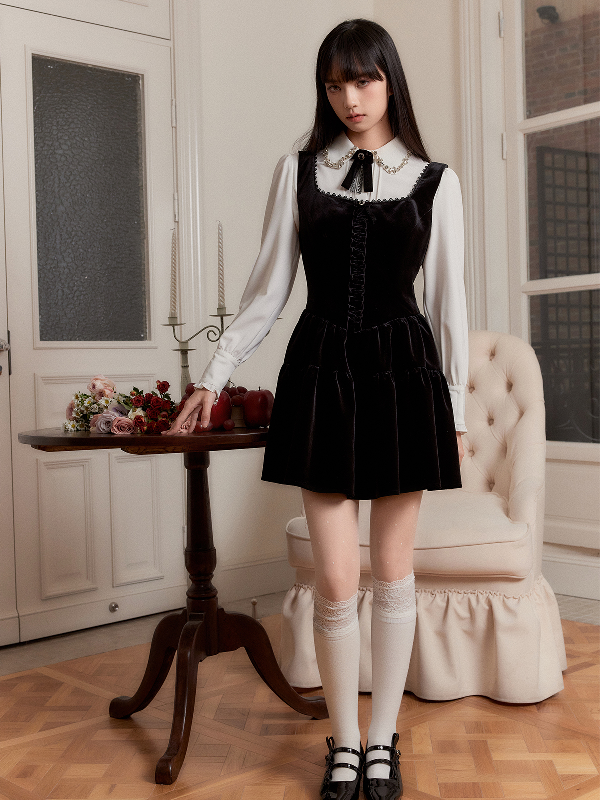 Castle Girl Black Velvet Suspender Dress Shirt Spring Summer Set - Princess Style, Y2K Fashion, Elegant Look