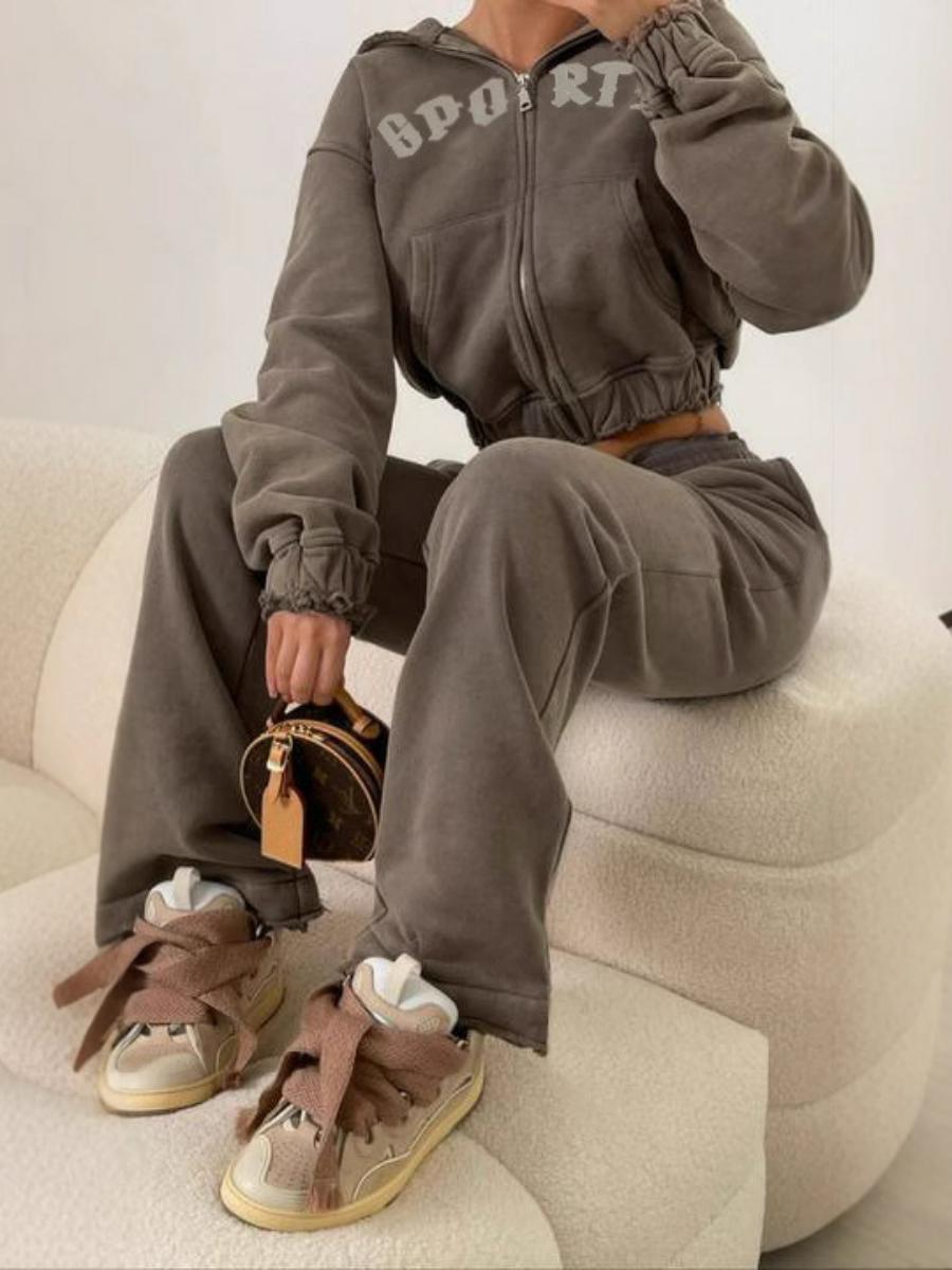 Casual American Style Letter Print Short Hoodie Jacket and High-Waisted Trendy Long Pants Set Casual American Style Letter Print Short Hoodie Jacket and High-Waisted Trendy Long Pants Set