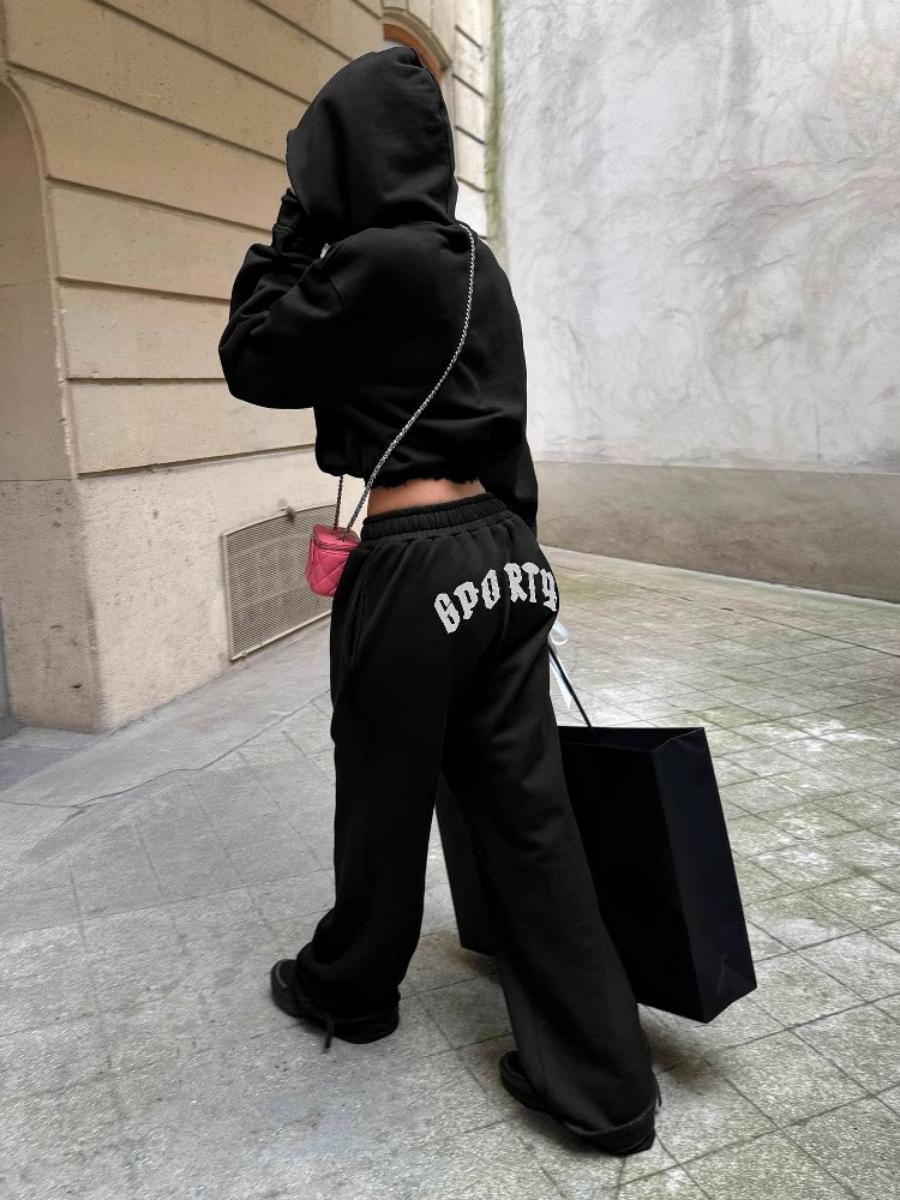 Casual American Style Letter Print Short Hoodie Jacket and High-Waisted Trendy Long Pants Set Casual American Style Letter Print Short Hoodie Jacket and High-Waisted Trendy Long Pants Set