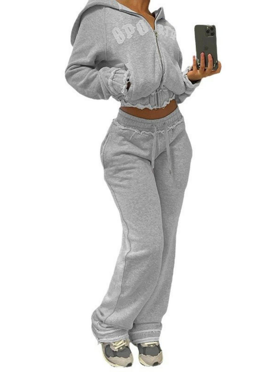 Casual American Style Letter Print Short Hoodie Jacket and High-Waisted Trendy Long Pants Set Casual American Style Letter Print Short Hoodie Jacket and High-Waisted Trendy Long Pants Set