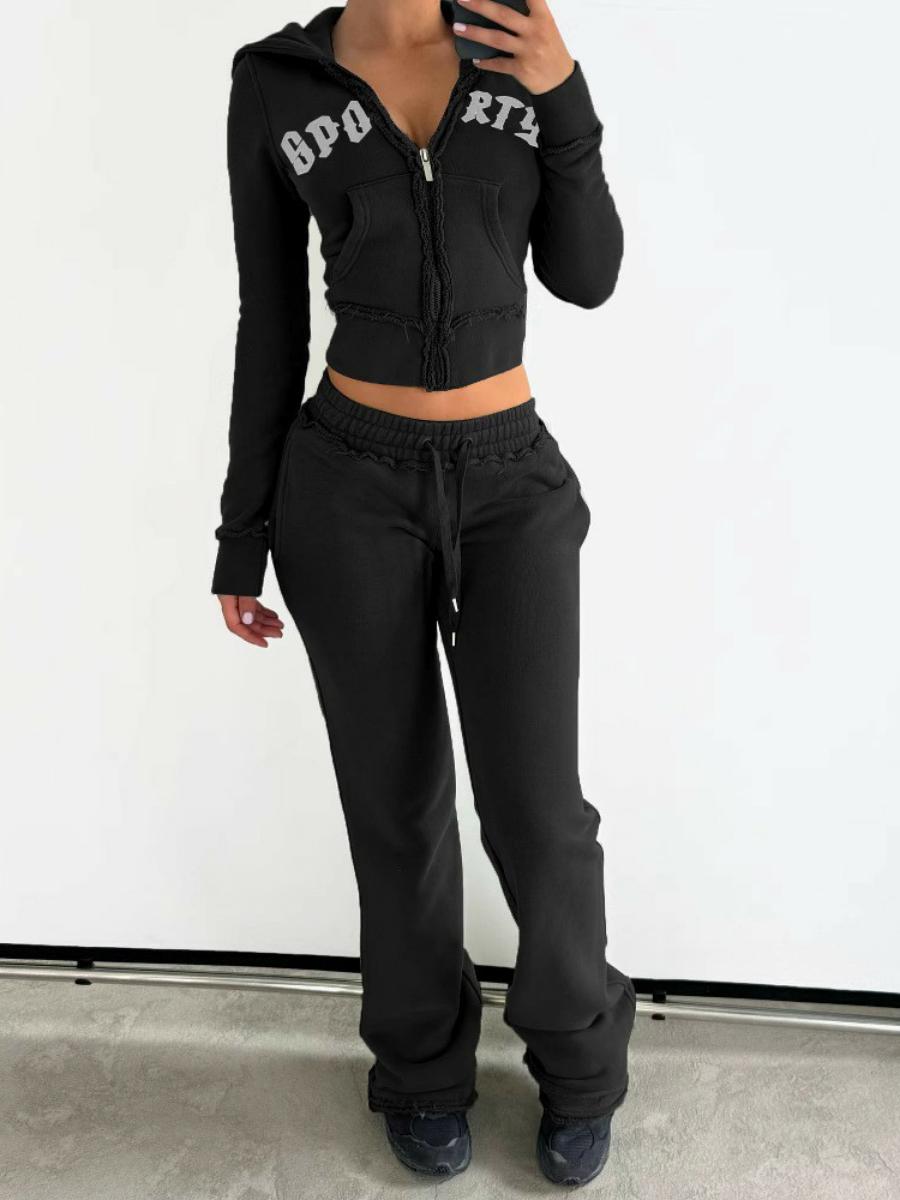 Casual American Style Letter Print Short Hoodie Jacket and High-Waisted Trendy Long Pants Set Casual American Style Letter Print Short Hoodie Jacket and High-Waisted Trendy Long Pants Set