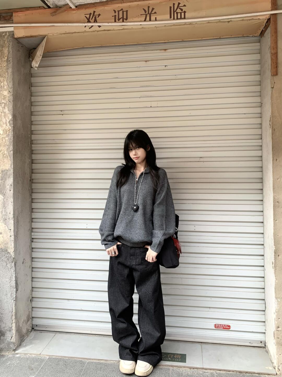 Casual Gray Half-Zip Knitted Sweater - Eccentric American Style, Loose Fit, Versatile Long Sleeve Top for Effortless Chic