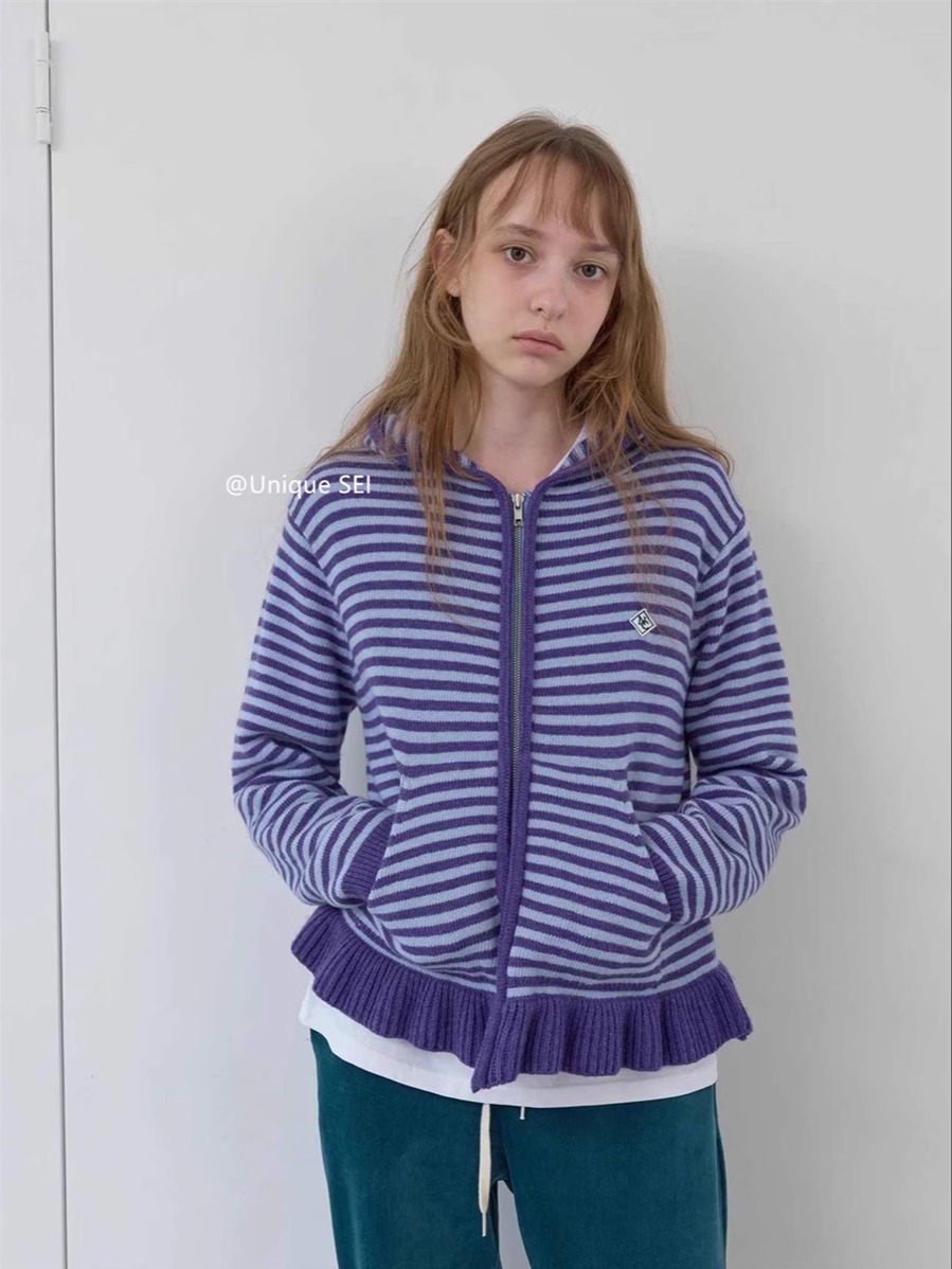 Casual Hooded Knitted Cardigan Sweater Coat with Ruffled Zip-Up, Color-Blocking, Striped and Polka Dot Design for Street Style Casual Hooded Knitted Cardigan Sweater Coat with Ruffled Zip-Up, Color-Blocking, Striped and Polka Dot Design for Street Style