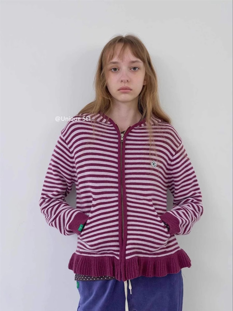 Casual Hooded Knitted Cardigan Sweater Coat with Ruffled Zip-Up, Color-Blocking, Striped and Polka Dot Design for Street Style Casual Hooded Knitted Cardigan Sweater Coat with Ruffled Zip-Up, Color-Blocking, Striped and Polka Dot Design for Street Style