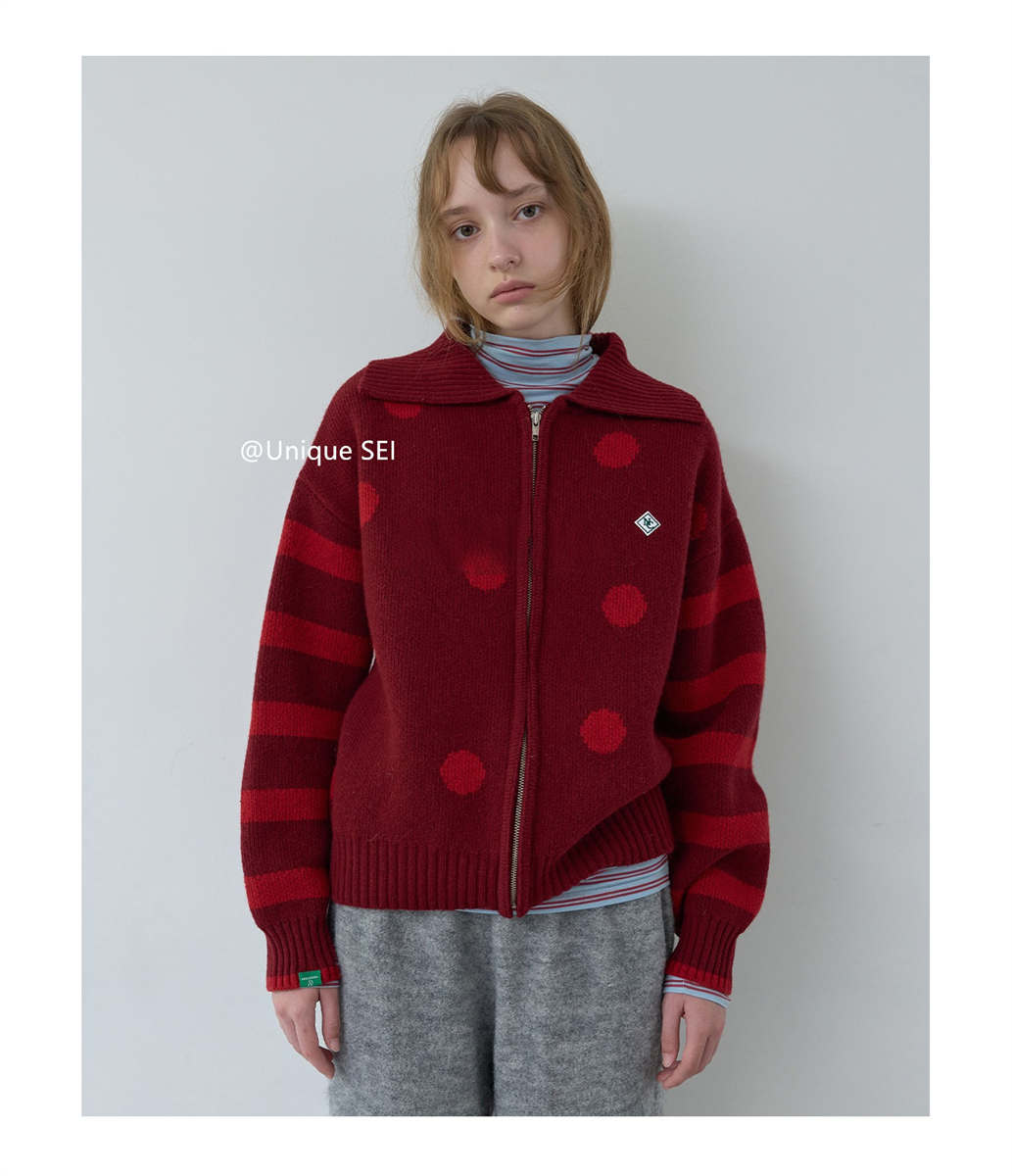 Casual Hooded Knitted Cardigan Sweater Coat with Ruffled Zip-Up, Color-Blocking, Striped and Polka Dot Design for Street Style Casual Hooded Knitted Cardigan Sweater Coat with Ruffled Zip-Up, Color-Blocking, Striped and Polka Dot Design for Street Style